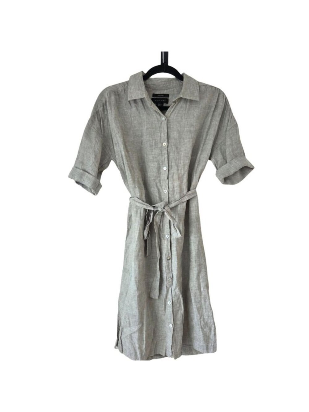 Tahari 100% Linen Grey Shirt Dress Lagenlook Coastal Nautical Women's XS